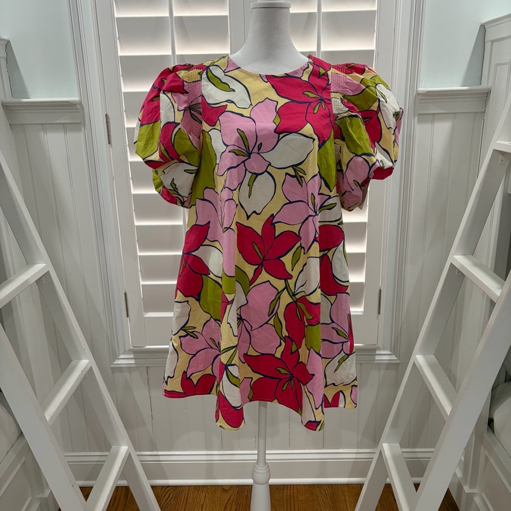 Bubble Sleeve Bright Floral Mini Dress with Pockets (S)